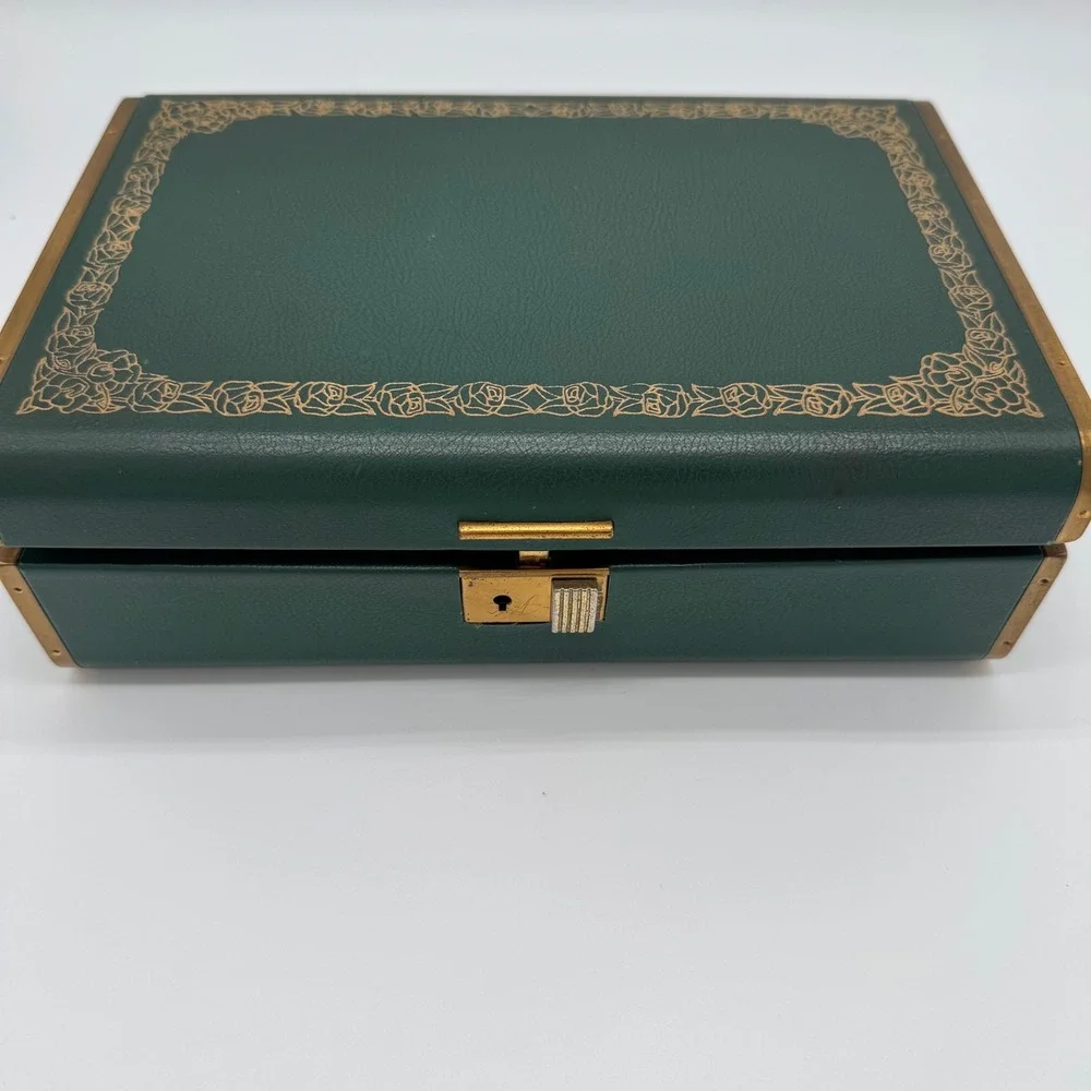 Vintage Farrington Green Texol Jewelry Box Gold Starburst Cantilever Atomic L